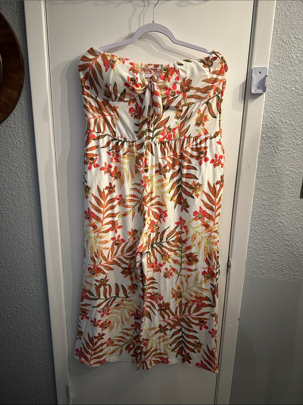 No Boundaries Strapless Jumpsuit Wide leg Capri Coral and Tan Floral Print